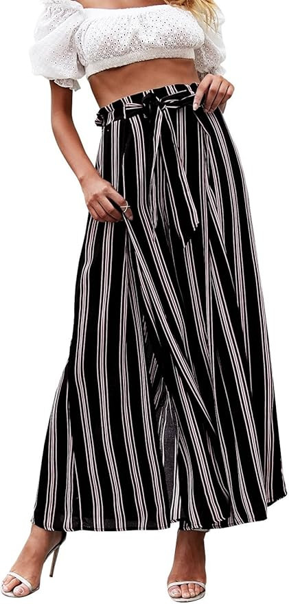 Simplee Women's Elegant Striped Split High Waisted Belted Flowy Wide Leg Pants with Pockets | Amazon (US)
