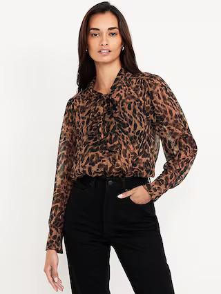 Long-Sleeve Tie-Neck Chiffon Top | Old Navy (US)