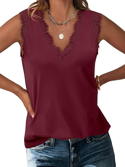 ANRABESS Womens Lace Trim Tank Tops V Neck Sleeveless Shirts 2025 Summer Casual Trendy Dressy Cam... | Amazon (US)