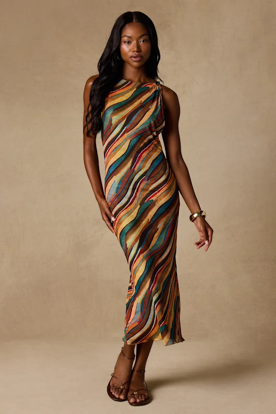 Keiani Orange Multi Print Backless Midi Dress | Lulus
