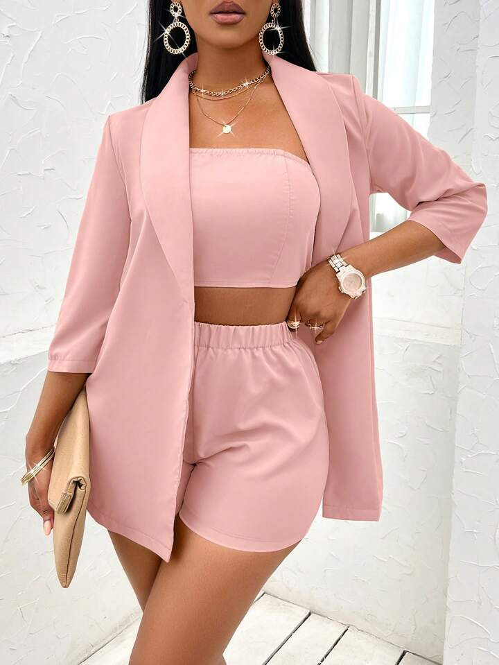 SHEIN SXY Solid Tube Top & Shorts & Shawl Collar Open Front Coat | SHEIN
