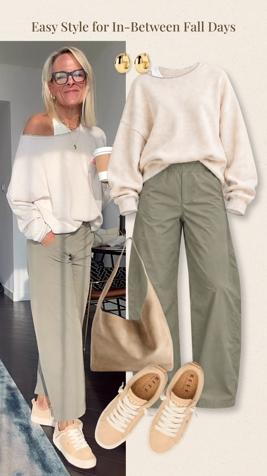 This is the kind of easy outfit I reach for on those in-between fall days. A soft cream sweatshirt with relaxed olive wide-leg pants keeps the look comfortable and polished, while the neutral sneakers and shoulder bag make it easy for everyday wear.