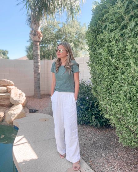 Springy outfit: J. Crew Factory classic tee with Old Navy linen wide-leg pants

(Top is #softautumn - white pants are not. Substitute the *same* pants in “natural linen” color for a complete soft autumn look - also linked below!!!)