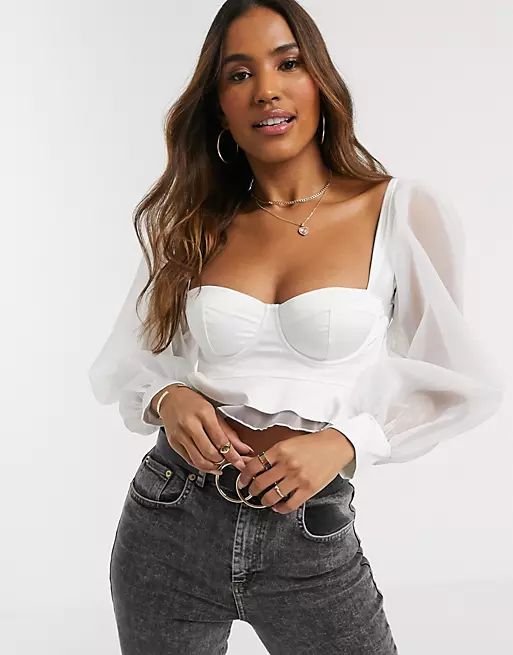 ASOS DESIGN padded underwire bra top with organza puff sleeves | ASOS (Global)