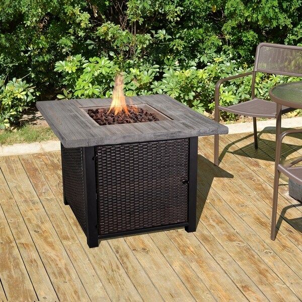 Fire Tables Fire Pit 33.5" Outdoor Rattan Wicker Propane Fire Pits Square with PVC Beige Cover Lava Rocks Support | Bed Bath & Beyond
