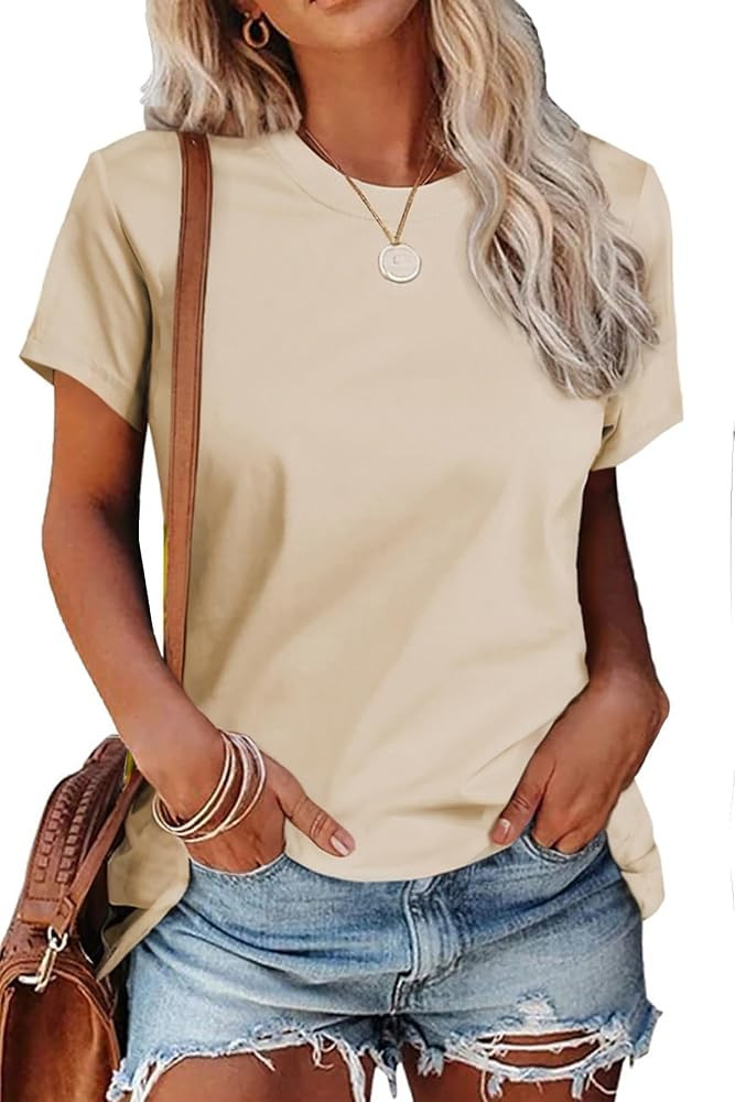 SMENG Women's Cotton Crewneck T-Shirts Short Sleeve Basic Solid Color Tee Classic-Fit Shirt Breat... | Amazon (US)