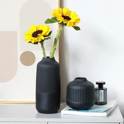 Matte Black Ceramic Vase Set Of 2, 10 Inch Ribbed Flower Vases For Home Decor, Nordic Style For Fresh Or Dried Flowers, Pampas Grass, Office, Shelf, T | Wayfair North America