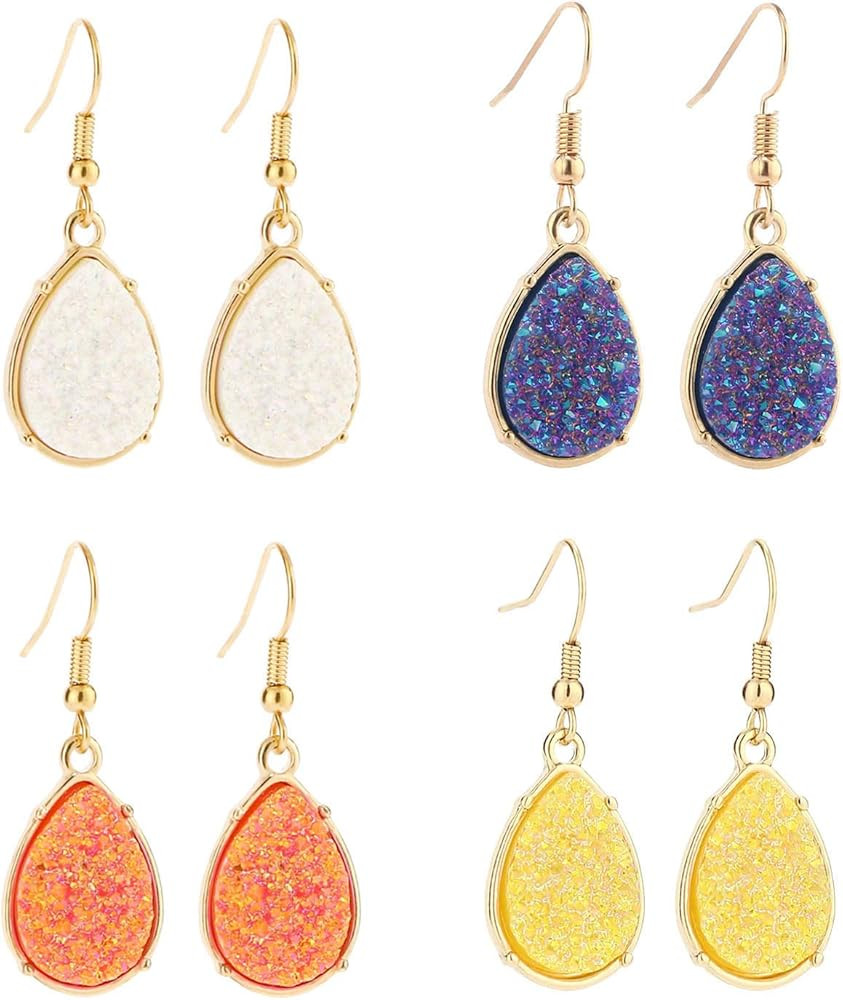 Amazon.com: BaubleStar Chic Simulated Druzy Earrings Tear Drop Dangle Gold Earring Set for Women ... | Amazon (US)
