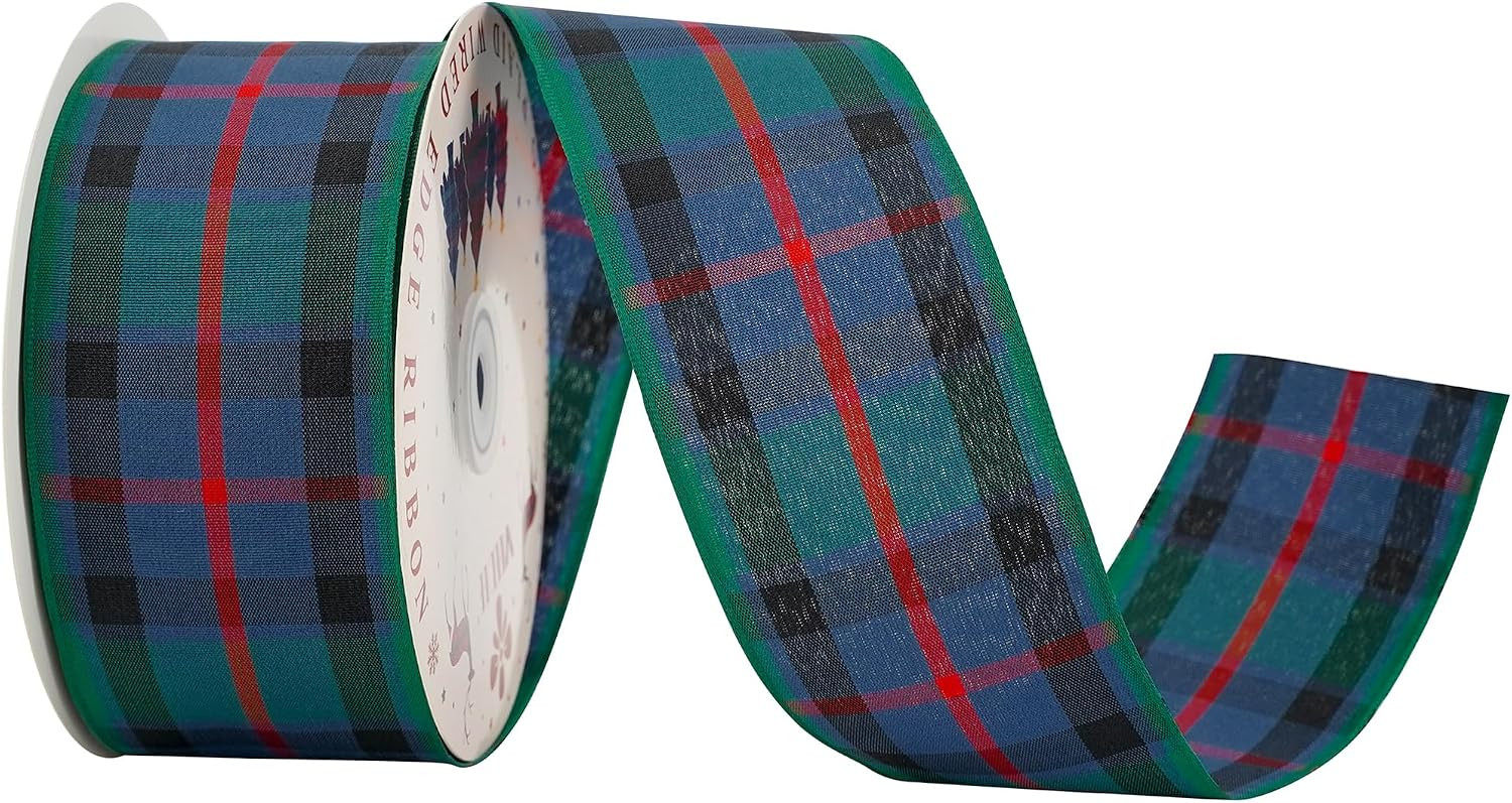 Flower of Scotland Tartan Ribbon 2.5 inch with 25 Yards Gingham Check in Green, Blue with Red and Black Stripes Scottish Plaid Polyester Ribbon for Christmas Tree, Wreath, Bows, Wedding, Crafts | Amazon (US)