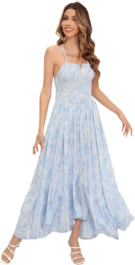 R.Vivimos Women's Summer Maxi Dress Spaghetti Strap Boho Floral Print Smocked Backless Casual Ruf... | Amazon (US)