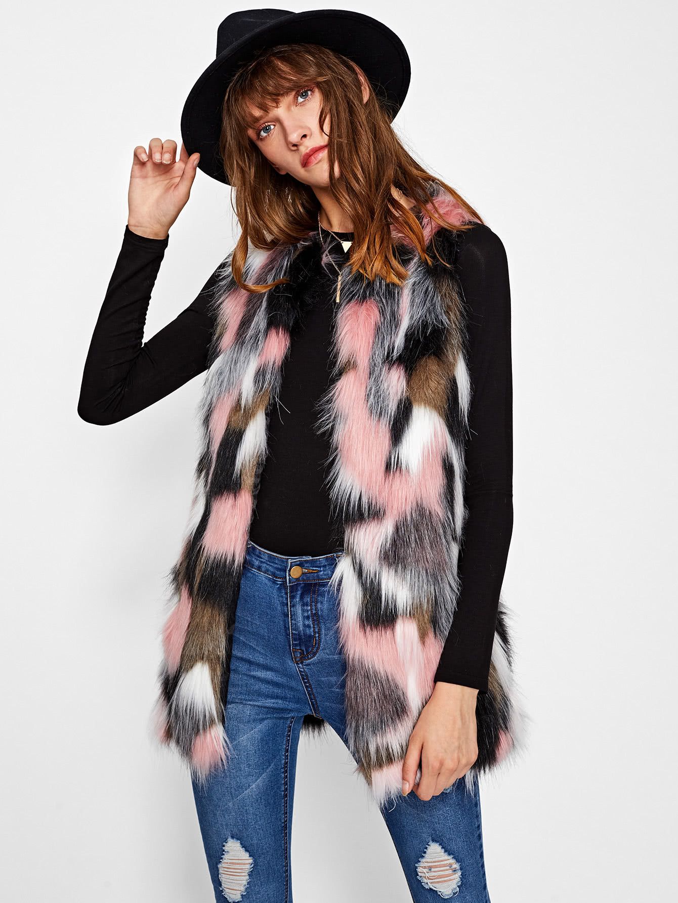 Hidden Pocket Colorful Faux Fur Vest | SHEIN