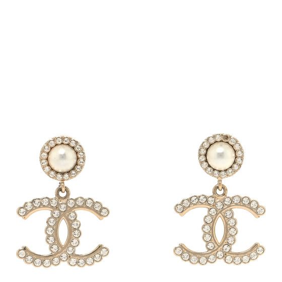 Crystal Pearl Large CC Drop Earrings Light Gold | FASHIONPHILE (US)