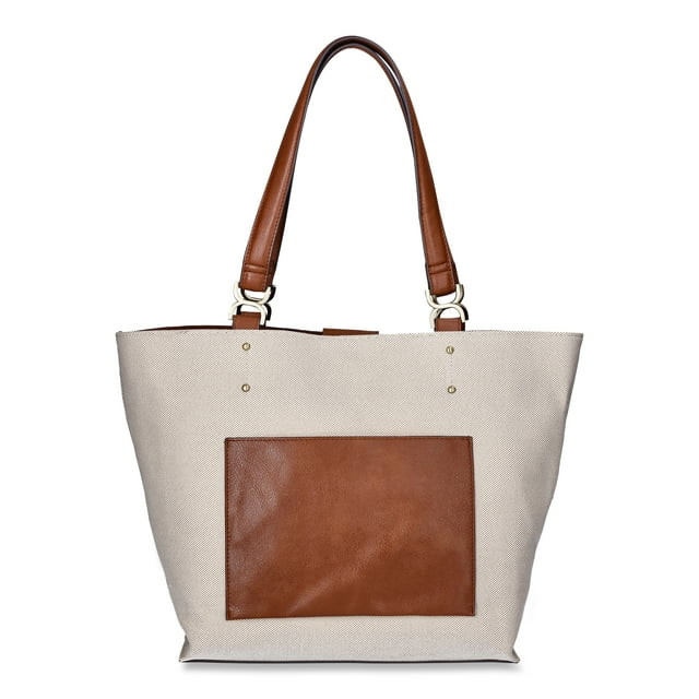 Time and Tru Women's Raya Canvas Tote Bag, Natural Cognac | Walmart (US)