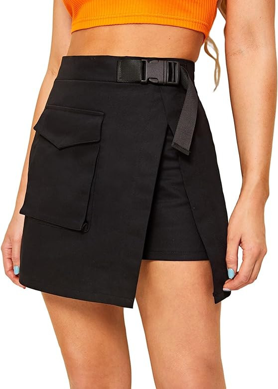 WDIRARA Women's Cargo Skirt Utility Asymmetrical Slit High Waist Wrap Mini Skirt with Buckle Blac... | Amazon (US)