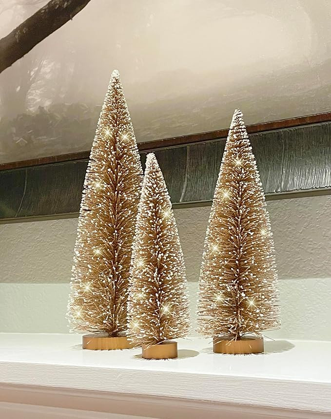 Christmas Bottle Brush Trees Set of 3 in Sparkling Gold with Snowy White Tips, 15 Inches,12 Inche... | Amazon (US)