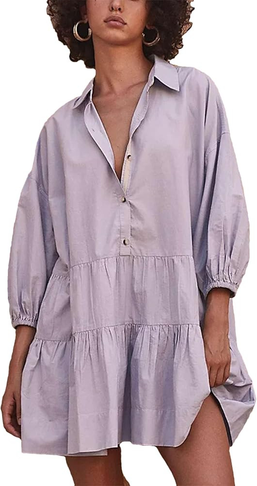 Mingzhu Womens Summer Tiered Puff Sleeve Shirtdress Flowy A-line Babydoll Mini Dress | Amazon (US)