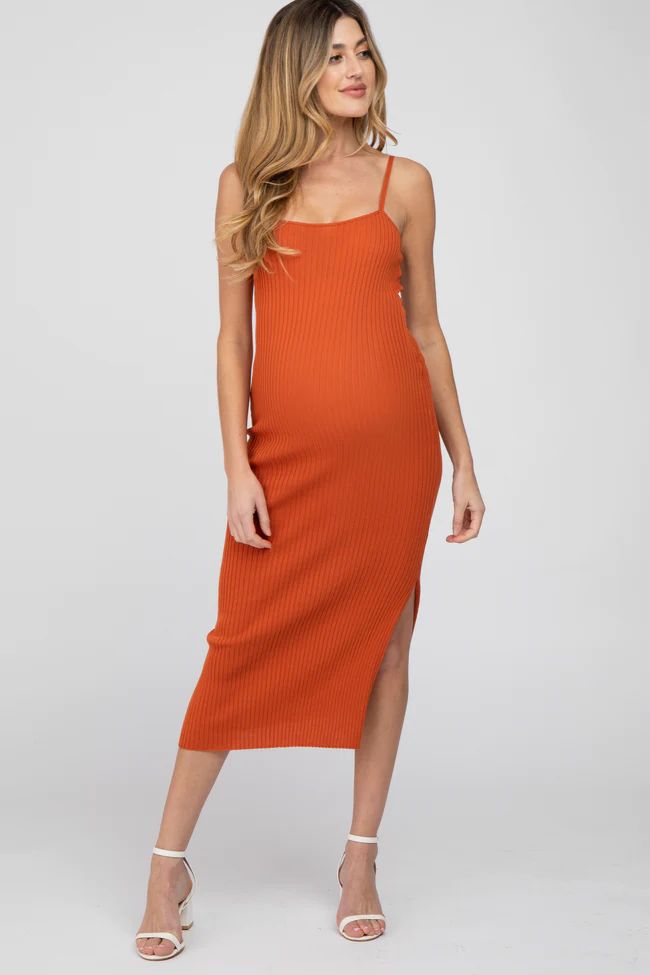 Orange Ribbed Square Neck Side Slit Maternity Midi Dress | PinkBlush Maternity