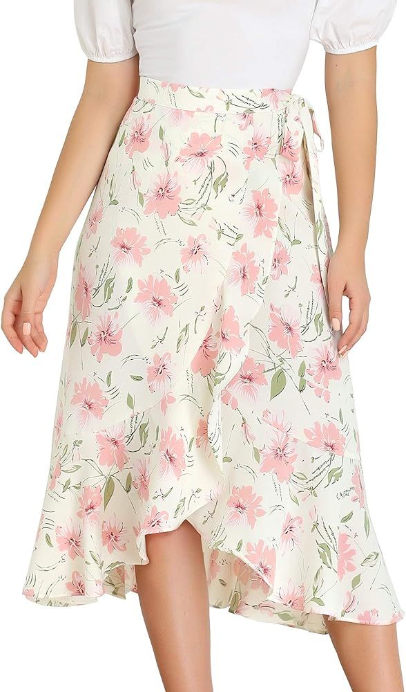 Allegra K Women's Floral Wrap Midi Skirt Asymmetrical Ruffle Tie Waist Skirts | Amazon (US)