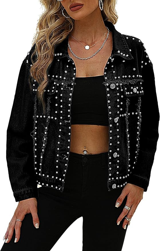 Gozoloma Women's Fashion Cropped Jean Jacket Lapel Long Sleeve Button Down Studded Short Rivet De... | Amazon (US)