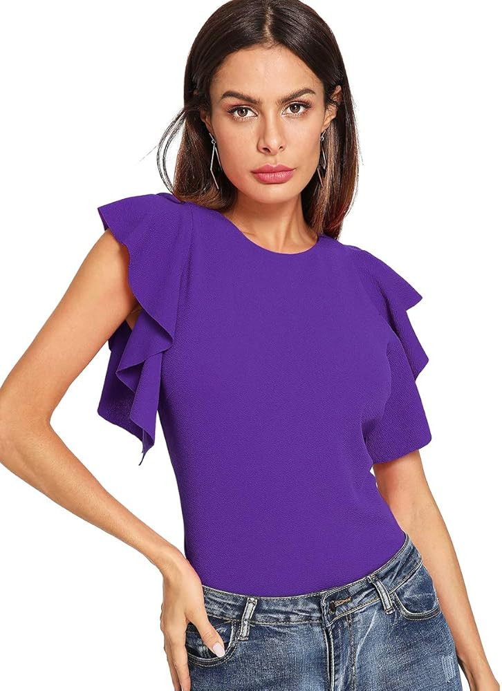 Romwe Women's Stretchy Flutter Sleeve Slim Solid Elegant Blouse Top | Amazon (US)