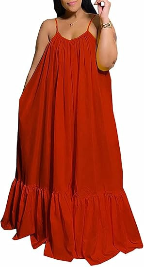 Womens Sexy Sleeveless Spaghetti Strap Dress Ruched Ruffle Hem Beach Loose Long Maxi Swing Dress ... | Amazon (US)