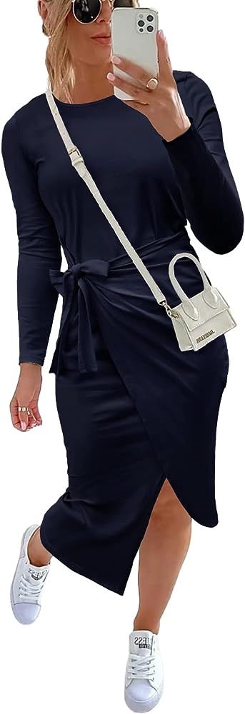NOLLSOM Women Long Sleeve Ruched Bodycon Wrap Dress Crew Neck Tie Waist Midi Dress Solid Color Sp... | Amazon (US)