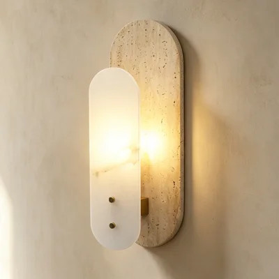 Modern 1-Light 14.57in Travertine and Alabaster LED Flush Mount Wall Sconce with Brass Accent | Wayfair North America