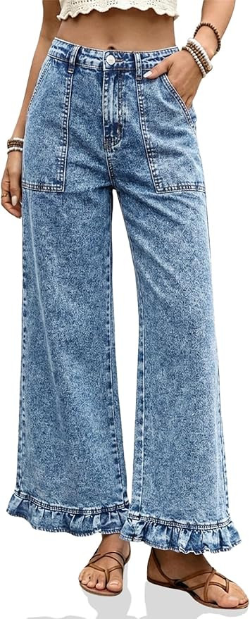 Cicy Bell Womens Ruffle Jeans Cropped High Waisted Baggy Trendy Denim Pants | Amazon (US)