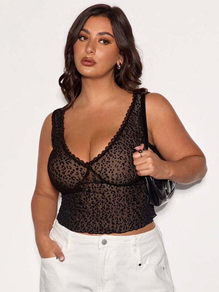 SHEIN BAE Plus Size Women High Street Black Flocked Leopard Mesh Semi-Sheer Crop Top, Bodycon, Fi... | SHEIN