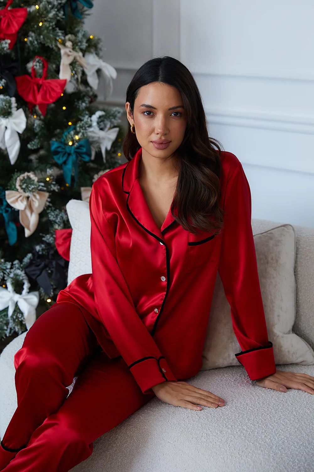 Personalised Christmas Luxury Satin Long Sleeve Pyjama Set with Velvet Piping- Red/Black | HA Designs