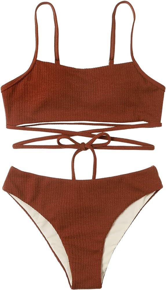MakeMeChic Women's 2 Piece Bathing Suits Criss Cross Ribbed Bikini Set Tankini | Amazon (US)