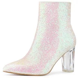 Allegra K Women's Zip Closure Pointed Toe Clear Block Heel Glitter Ankle Boots | Target