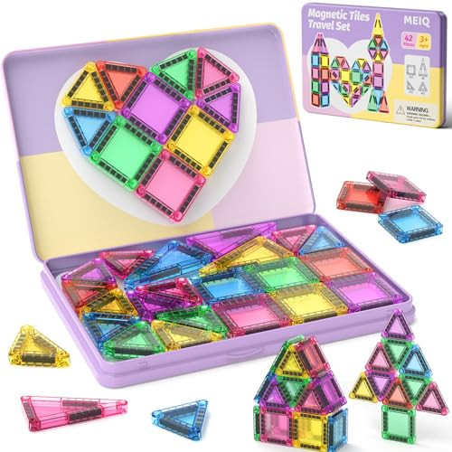MEIQ 42-Piece Mini Magnetic Tiles Travel Set with Metal Storage Box - Portable STEM Building Blocks for Kids Ages 3-8, Montessori Educational Toys for Airplane & Car Rides, Gift for Boys & Girls | Amazon (US)