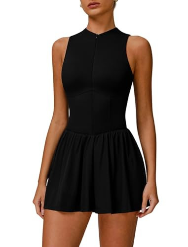 Womens Tennis Dress Zipper Yoga Athletic Dresses for Women Slim Fit A-line Hem Mini Golf Dress with Built-in Bras & Shorts Sports Summer Active Exercise Workout Dresses with Pockets XS Black | Amazon (US)