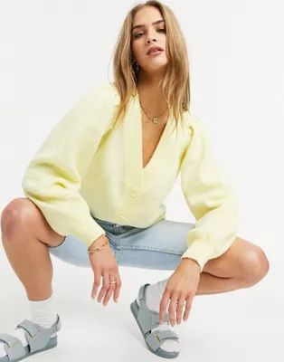 Selected Femme cardigan with balloon sleeves in pastel yellow | ASOS (Global)