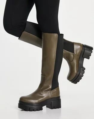 Ego Pulse pull up knee boots in khaki | ASOS (Global)