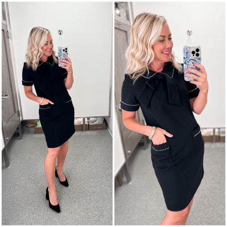 Chic little black dress with pearl details. It’s a stretchy crepe that’s not too fitted, and has the cutest little collar. The bow isn’t removable, but would easily cut off if that’s not your style. Wearing a 2  