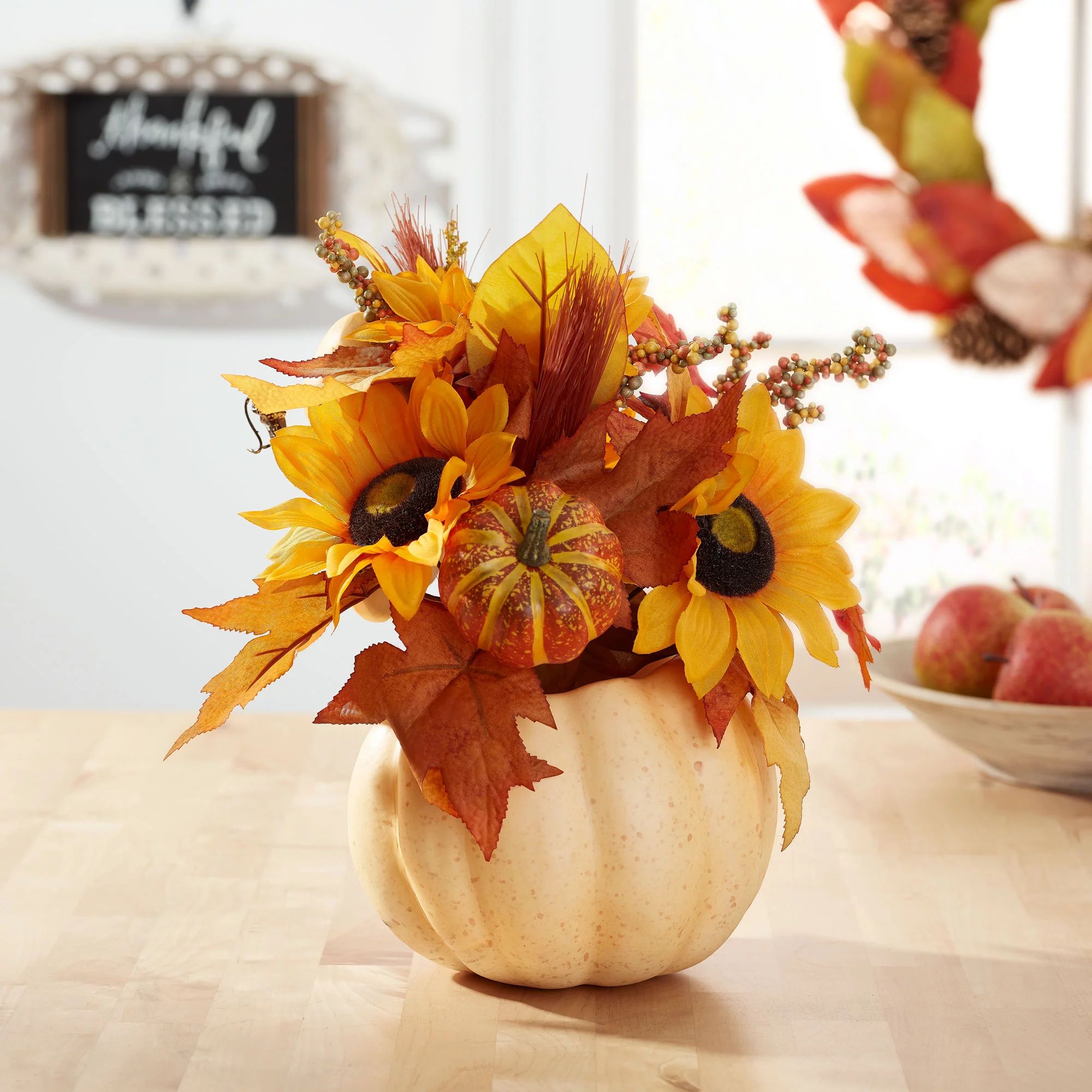 Way to Celebrate Yellow Sunflower in Foam Pumpkin Pot Decorative Arrangement, 12" - Walmart.com | Walmart (US)