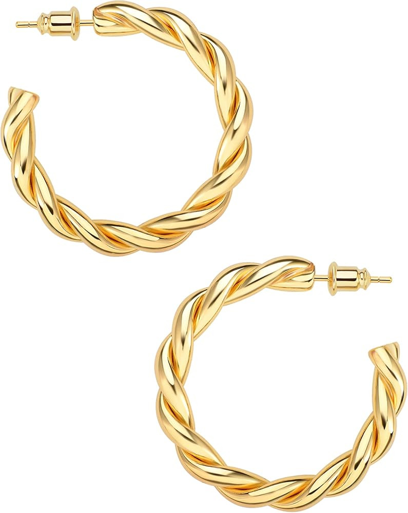 wowshow Chunky Gold Hoop Earrings, Small Gold Hoop Earrings for Women 14K Real Gold Plated Thick ... | Amazon (US)