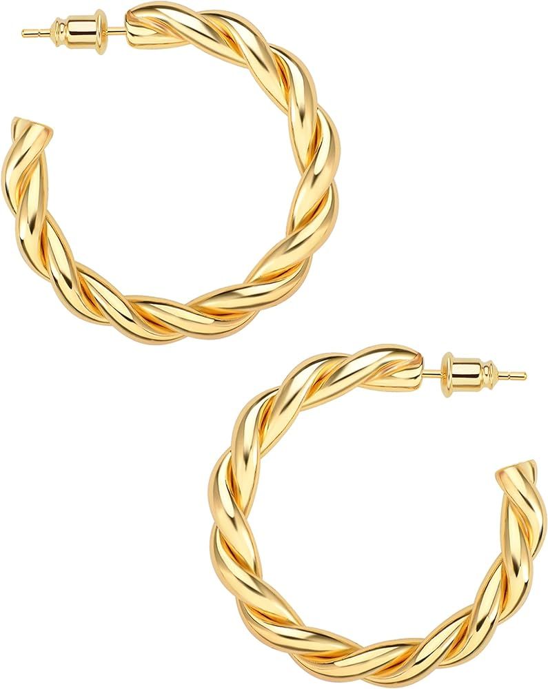 wowshow Chunky Gold Hoop Earrings, Small Gold Hoop Earrings for Women 14K Real Gold Plated Thick ... | Amazon (US)