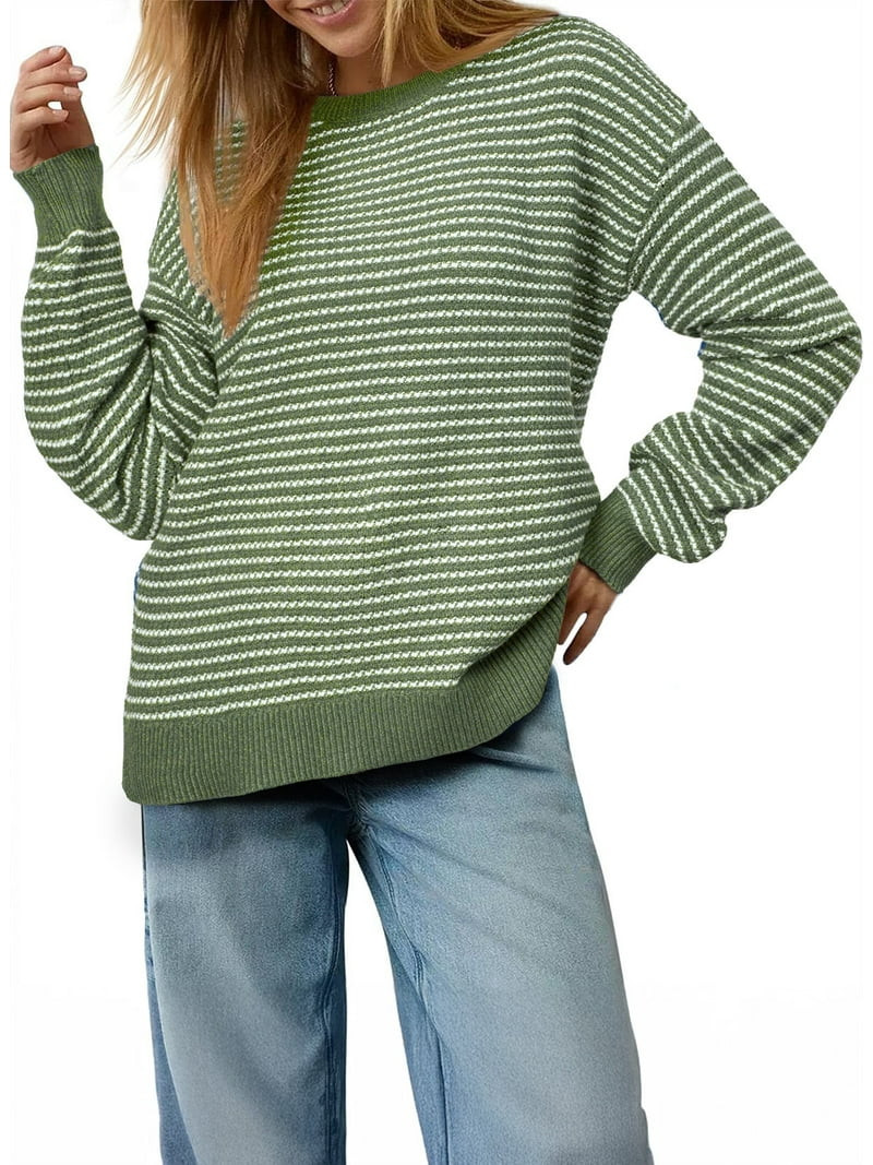 DOKOTOO Womens Sweaters Striped Knit Pullover Sweater Loose Fit Long Sleeve Crewneck Side Split P... | Walmart (US)