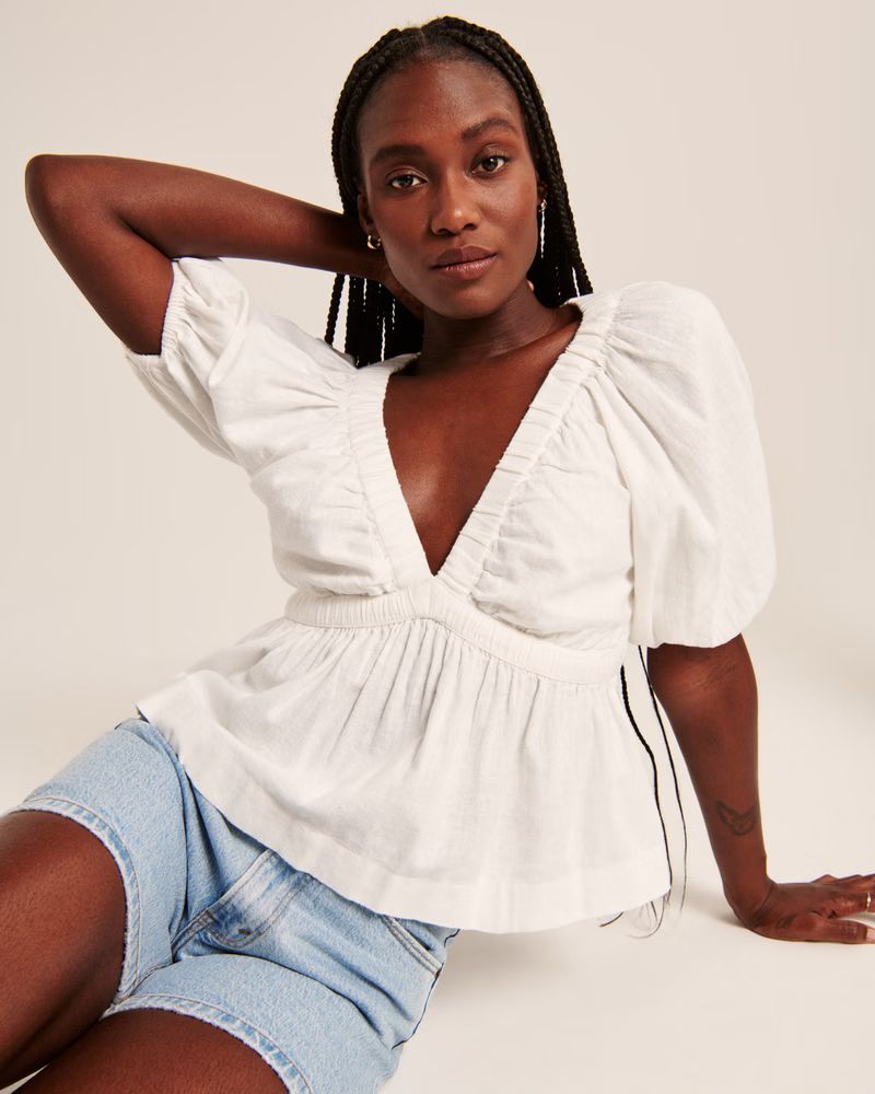 Short-Sleeve Linen-Blend Plunge Top | Abercrombie & Fitch (US)