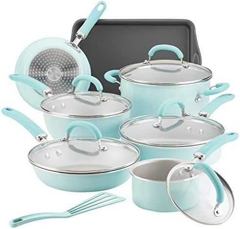 Rachael Ray Create Delicious Nonstick Cookware Pots and Pans Set, 13 Piece, Light Blue Shimmer | Amazon (US)