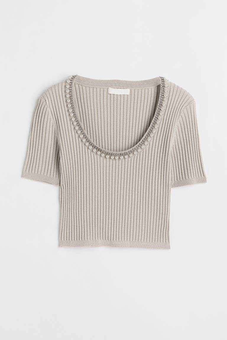 Rhinestone-embellished Rib-knit Top - Light taupe - Ladies | H&M US | H&M (US + CA)