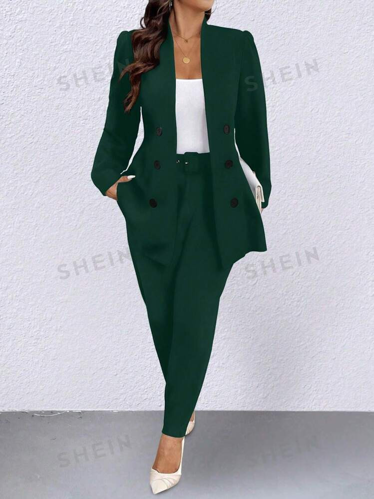 SHEIN Clasi Plus Size Solid Color Double-Breasted Suit Set: Jacket And Pants | SHEIN