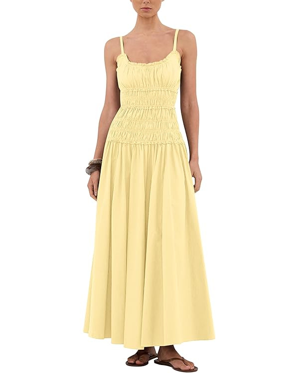 Womens Summer Spaghetti Strap Maxi Dress Scoop Neck Ruched Flowy Long Dresses Casual Sleeveless C... | Amazon (US)