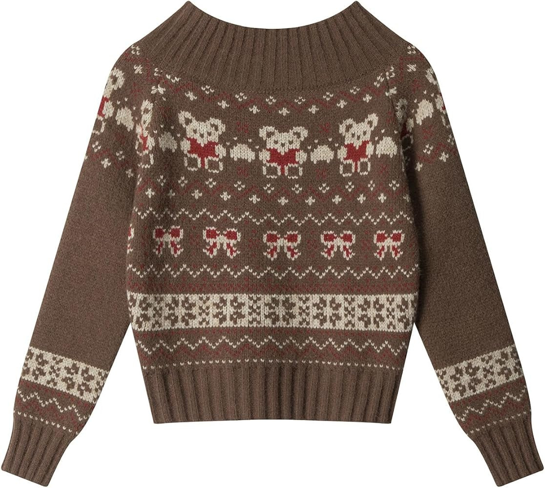 Bakyarder Women’s Cute Bear Knit Sweater Soft Fair Isle Pullover with Bow Pattern and Ribbed Co... | Amazon (US)