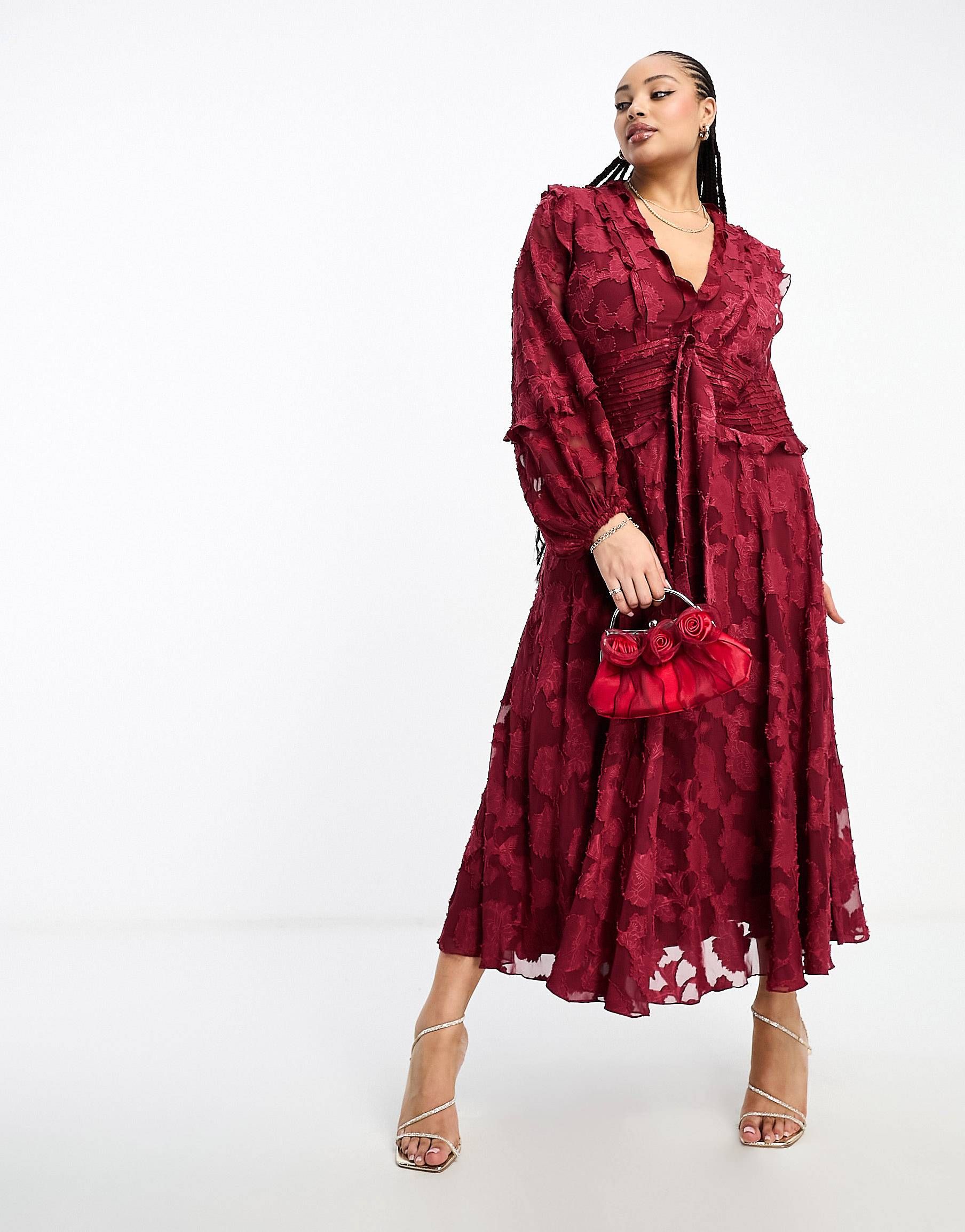 ASOS DESIGN Curve exclusive burnout frill midi dress with tie front detail in burgundy | ASOS (Global)