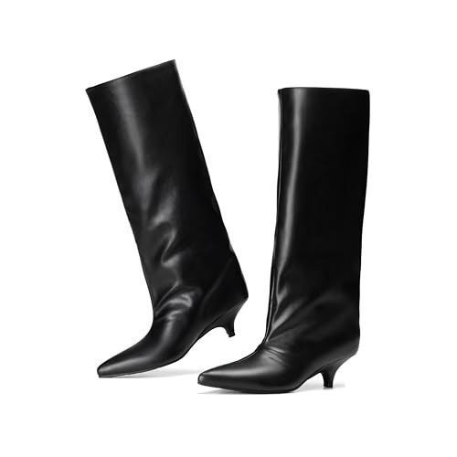 vivianly Knee High Boots for Women Pointed Toe Fold Over Black Boots Kitten Heel Comfortable for Dress & Daily Wear size 8 | Amazon (US)