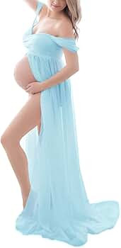 Maternity Dress for Photography Off Shoulder Chiffon Gown Split Front Maxi Pregnancy Dresses for ... | Amazon (US)